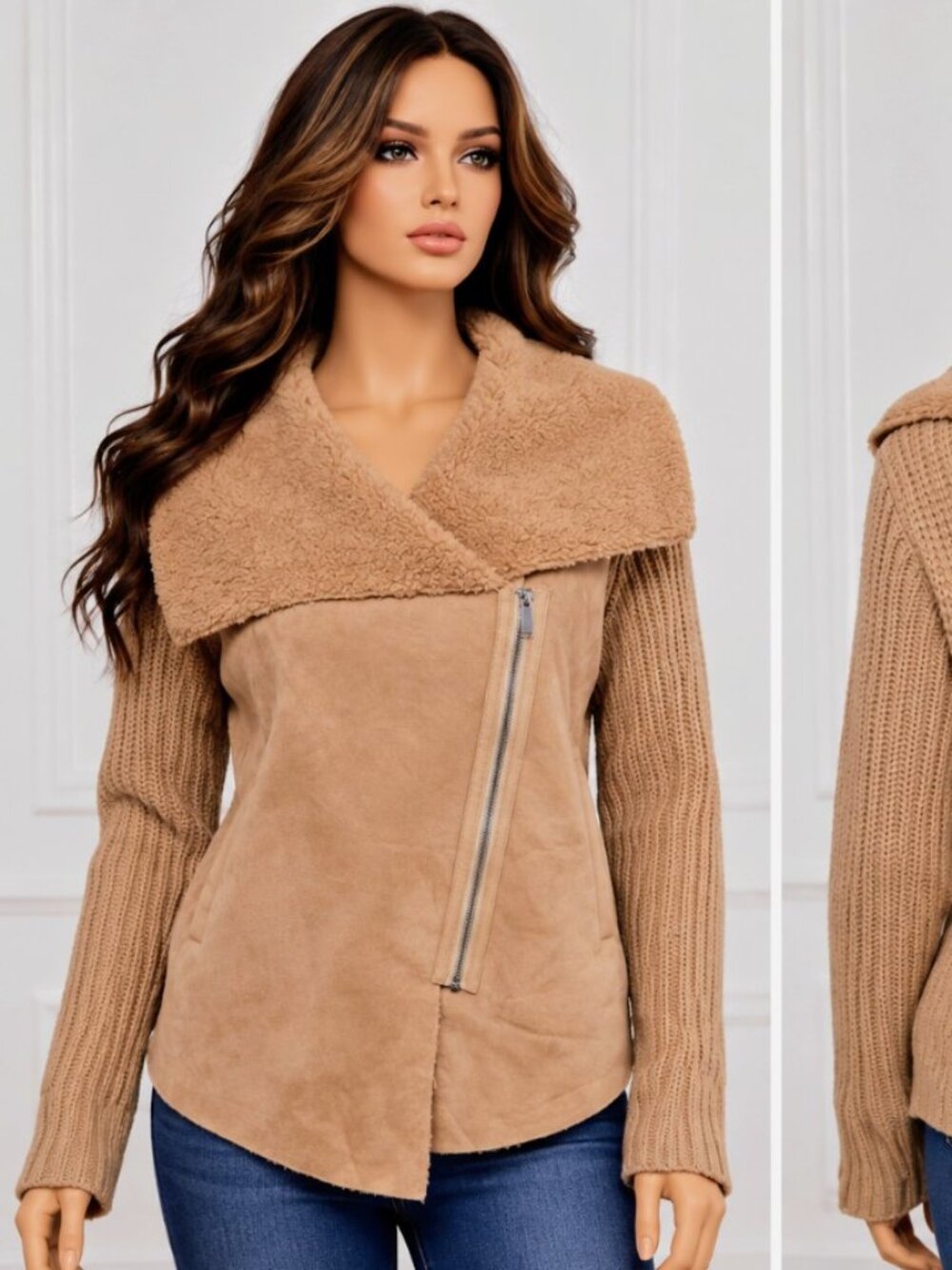 Grace Element Women's Large Camel Faux Suede Sherpa Collar Knit Sweater Jacket